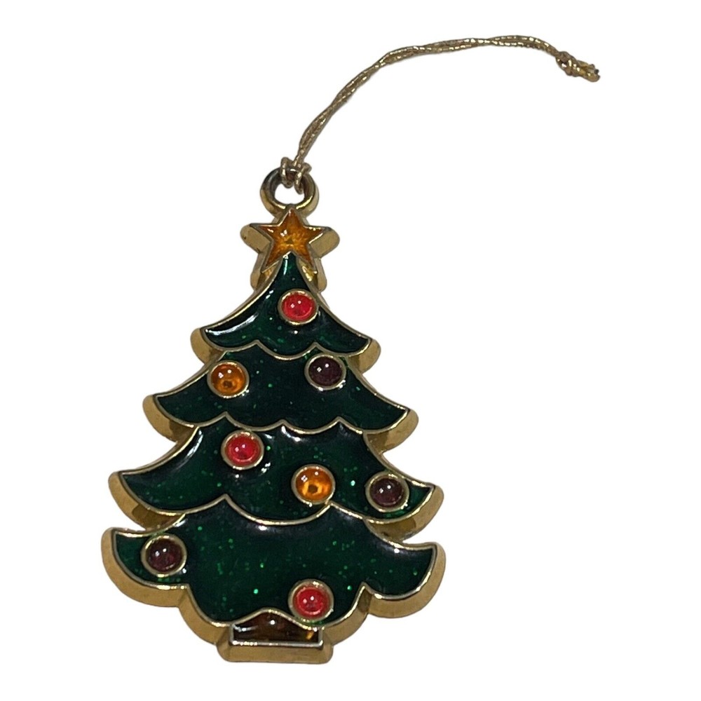 Vtg Handmade Stain Glass Suncatcher Green Glitter Christmas Tree Ornament Magnet
